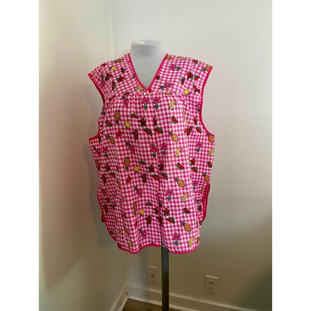 VTG Private Moments Pearl Snap House Dress Apron Smock Fruit 2XL Gingham Cotton - Picture 3 of 15
